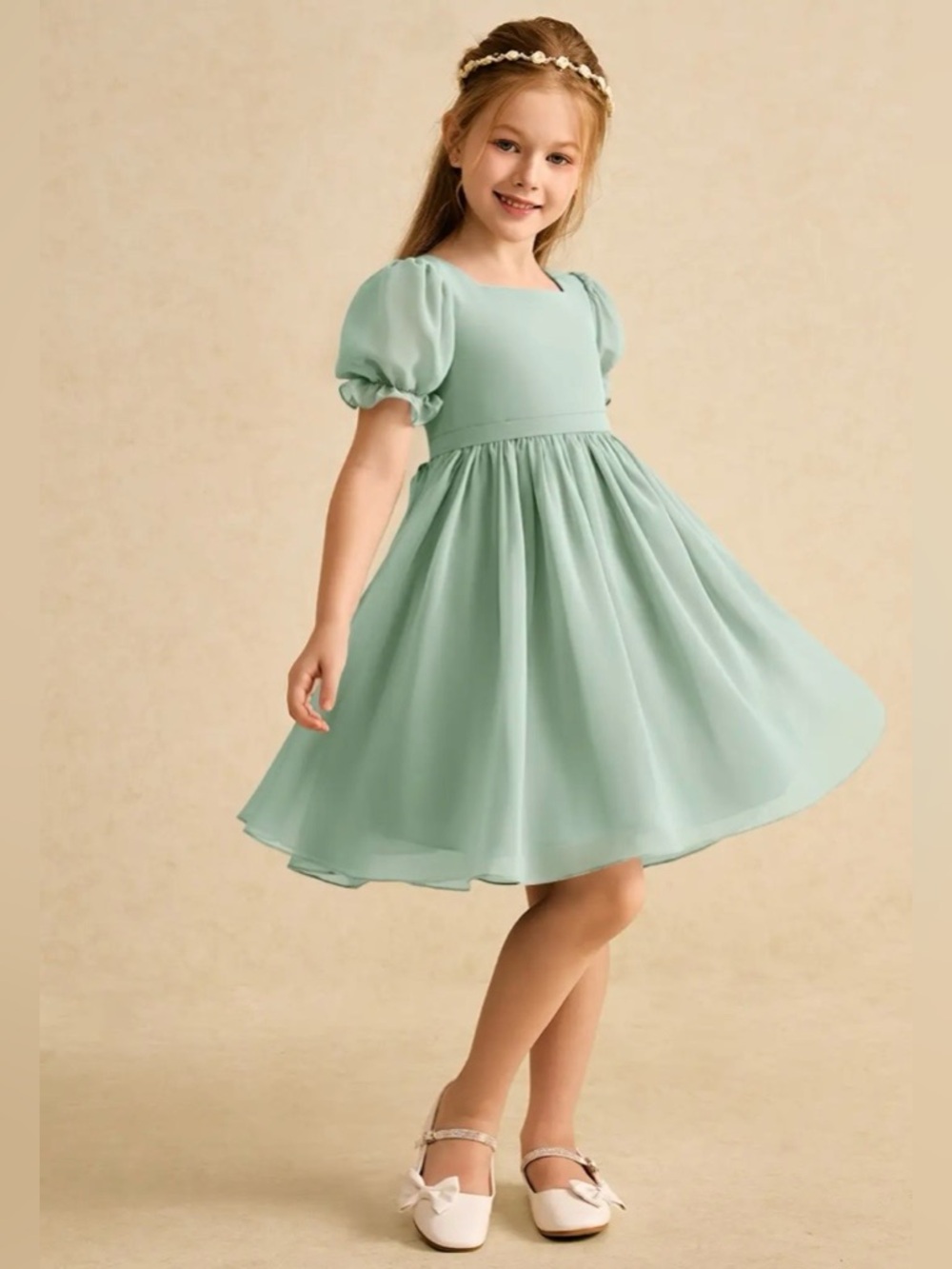 Azazie A-line Chiffon Puff-Sleeve Dress- Agauve